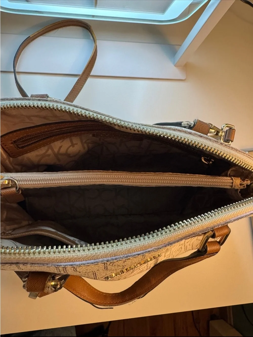Calvin Klein Cream Logo Dome Satchel with Brown Handles